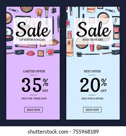 Vector sale banners for beauty shop with hand drawn makeup products backgrounds illustration card