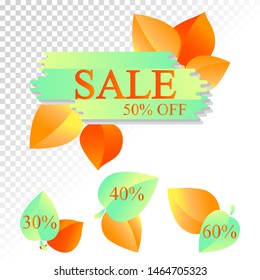 Vector sale banners with color gradients leaves. Design template for poster, discount labels, flyers. Summer season design for brochure, web banner, invitation, poster, advertising. Eps10 Vector