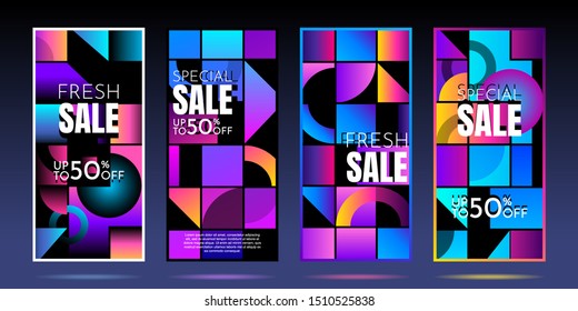 Vector sale banners. Modern Art graphics. Dynamic flyers. Color geometric stylish gradient shapes on black background. Element for design business cards, invitations, gift cards, flyers and brochures