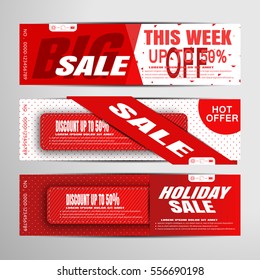 Vector sale banners on the red and white background with stripes and insert.