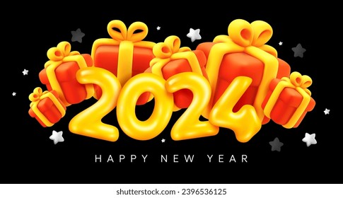 Vector sale christmas illustration of number 2024 with golden and red gift box on black color background. 3d style winter holiday design of happy new year 2024. Decorative symbol and present for card