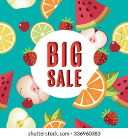 Vector sale colorful illustration. Poster, card, banner, flayer. Sliced fruit vector seamless pattern. Bright colors.