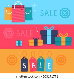 Vector sale concept in flat style - banners and website headers with shopping bags and price tags