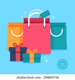 Concepto de venta de vectores en estilo plano - iconos brillantes y de moda - banners y encabezados de sitios web con bolsas de compra y etiquetas de precios