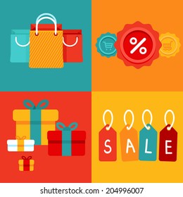 Concepto de venta de vectores en estilo plano - banderas con bolsas de compra y etiquetas de precio