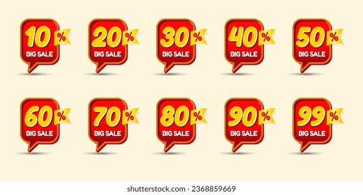 venta vectorial paquete de descuento amarillo rojo 10%, 20%,30%, 40%, 50%, 60%, 70%,80%,90%,99%