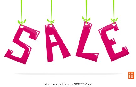 Vector sale element colorful hanging letters with highlights and shadows on white background
