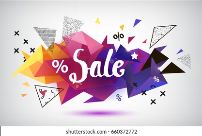 Vector sale faceted 3d banner, poster. Colorful illustration. Sale lettering, geometric. 