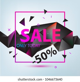 Vector sale faceted 3d poster. Colorful illustration. Super Sale, special offer banner. Black modern paper shape