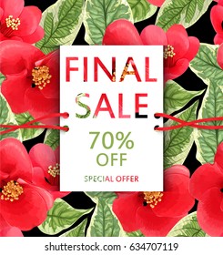 Vector  sale flyer with tropical flowers and leaves. Botanical exotic design. Floral banner. Discount card. Sell-out, clearance, offer, closeout. Advertising template. Colorful promo illustration.