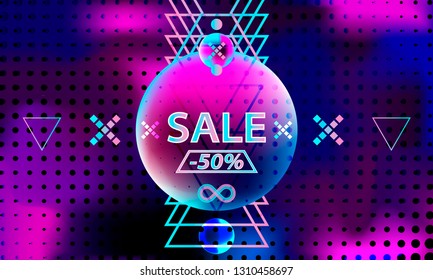 Vector sale futuristic space background with bright light planets and stars. Cosmos banner with neon light 3d objects and glowing tracks