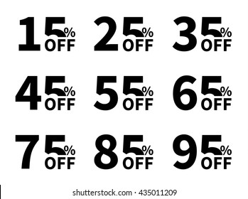 Vector Sale icon set. Discount price off and sales design template. Shopping and low price symbols. 15,25,35,45,55,65,75,85,95 percent sale.