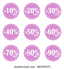 Vector Sale icon set. Discount price off and sales design template. Shopping and low price symbols. 10,20,30,40,50,60,70,80,90 percent sale.