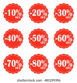 Vector Sale icon set. Discount price off and sales design template. Shopping and low price symbols. 10,20,30,40,50,60,70,80,90 percent sale.