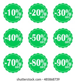 Vector Sale icon set. Discount price off and sales design template. Shopping and low price symbols. 10,20,30,40,50,60,70,80,90 percent sale.
