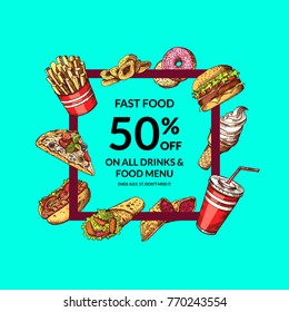 Vector sale illustration with colored hand drawn fast food elements around a bold frame