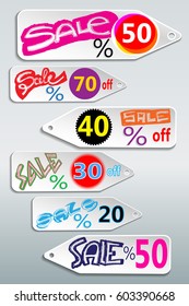 Vector Sale Label Set Design. Hand Drawn Sale Text. Light Label Isolated On Grey Gradient Background. Bright Colors. Percent Sign. Big Numbers. EPS 10