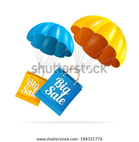 Vector sale labels with parachute. White background