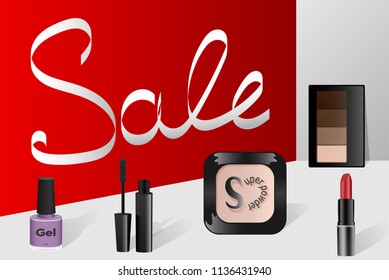 Vector Sale on red wall, cosmetics on white background, sale cosmetic for make up