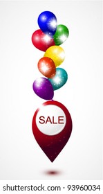 Vector sale pointer with bunch of color air balloons
