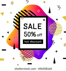 Vector sale poster, banner template - 50% off. Hot discount. Fluid colors, memphis backgrounds
