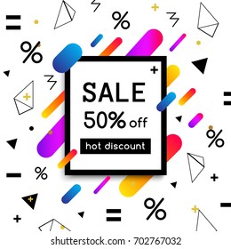 Vector sale poster, banner template - 50% off. Hot discount. Fluid colors, memphis backgrounds