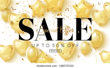 Vector sale poster design. Gold balloons and confetti.
