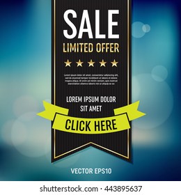 Vector sale poster design template. Ribbon banner. Blurred bokeh background.