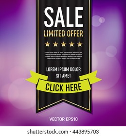 Vector sale poster design template. Ribbon banner. Blurred bokeh background.