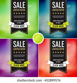 Vector sale poster design templates collection. Ribbon banner. Blurred bokeh background.
