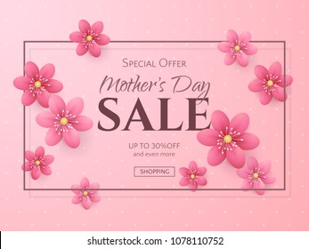 Vector sale poster for discounts offers of Mother's day with pink cut out of paper flowers and a frame. Holiday elegant template on the pastel background for design of flyers and banners.
