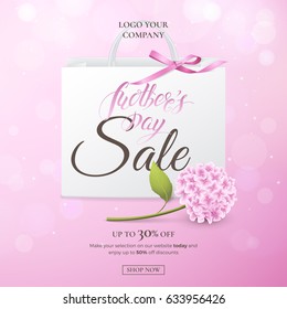Vector sale poster for discounts offers of Mother's day with hydrangea, paper shopping bag, bow on the pink background. Holiday template with flower for design of flyer and banner with effect bokeh
