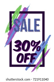 Vector sale poster with stylish dynamic frame and geometric paintbrush elements. Trendy design