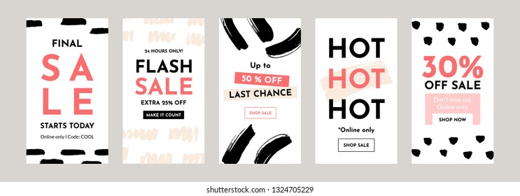 Vector Sale promotion banners stories templates set. Social media trendy editable backgrounds design. Digital Marketing promo post. Cool abstract fashion brush poster, flyer, presentation.