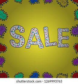 Vector. Sale promotion sign, Online shopping discount, Entrepreneur and e-business commerce, Dressmaker and fashion business. Illustration in yellow, white and black colors. Seamless pattern.