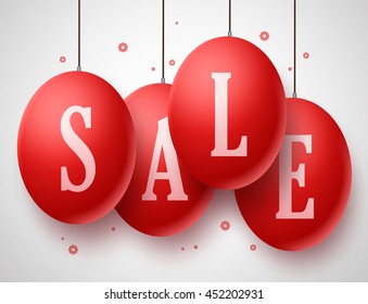 Vector Sale Red Eggs with strings hanging in white background for Easter and store promotions. Vector illustration.
