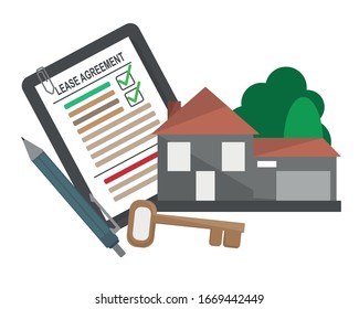 vector, sale and rent house agreement and key on a white background. real estate concept