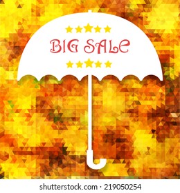 Vector Sale Retro style typographic labels. Abstract colorful vector template background. Silhouette umbrella symbol on background triangles. Label design. Umbrella backdrop. Banner. Card. Cover.