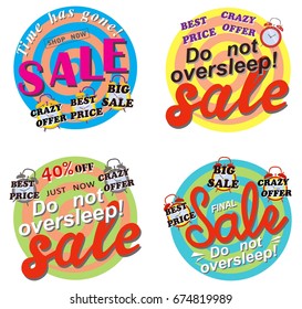 Vector sale set with clock on white background, colored stickers or posters. 50% off. Final & Best price.