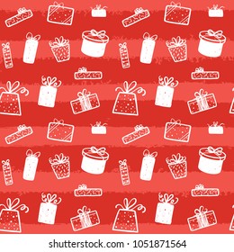 Vector sale, shopping, birthday design for banner, package, card, web, wrapper. Seamless pattern on red background.