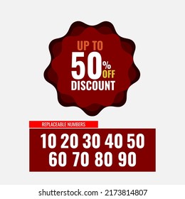 Vector sale sign up to 50 percent discount on red stars with replaceable numbers.