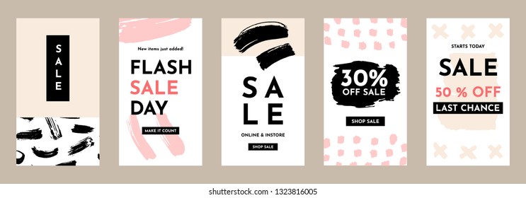 Vector Sale Social media stories banners templates set. Promotion trendy brush editable backgrounds design. Digital Marketing promo post. Cool abstract fashion brush poster, flyer, presentation.