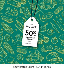 Vector sale tag with background sketched mexican food elements illustration