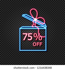 Vector Sale Tag Template, Gift Box Neon Frame with 75% Off Sign, Glowing on Dark Background Illustration.