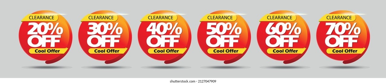 Vector Sale Tags Set Design Collection.20% OFF, 30%OFF, 40%OFF, 50%OFF, 60%OFF. offer. clearance