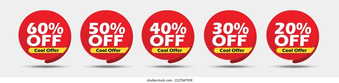 Vector Sale Tags Set Design Collection.20% OFF, 30%OFF, 40%OFF, 50%OFF, 60%OFF. offer. clearance