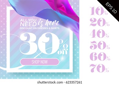 Vector Sale Template with Flying Silk on Polka Dot Pastel Background. Spring Elegant Advertising For Cloth Shop, Fabric Store, Web Banner, Pop-up, Poster, Flyer.