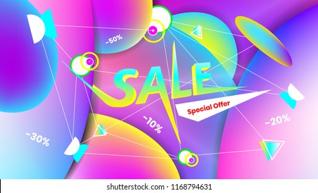 Vector sale template, special offer, trendy design, minus percent, word on violet background