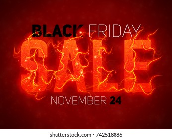 Vector Sale text with red fire flames background. Wavy threads from fiery letters. Hot Black friday sale illustration for flyers, cards, promo materials etc. Thin curly flames. eps10