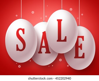 Vector Sale Text in white Eggs with strings hanging in red background for Easter and store promotions. Vector illustration.
